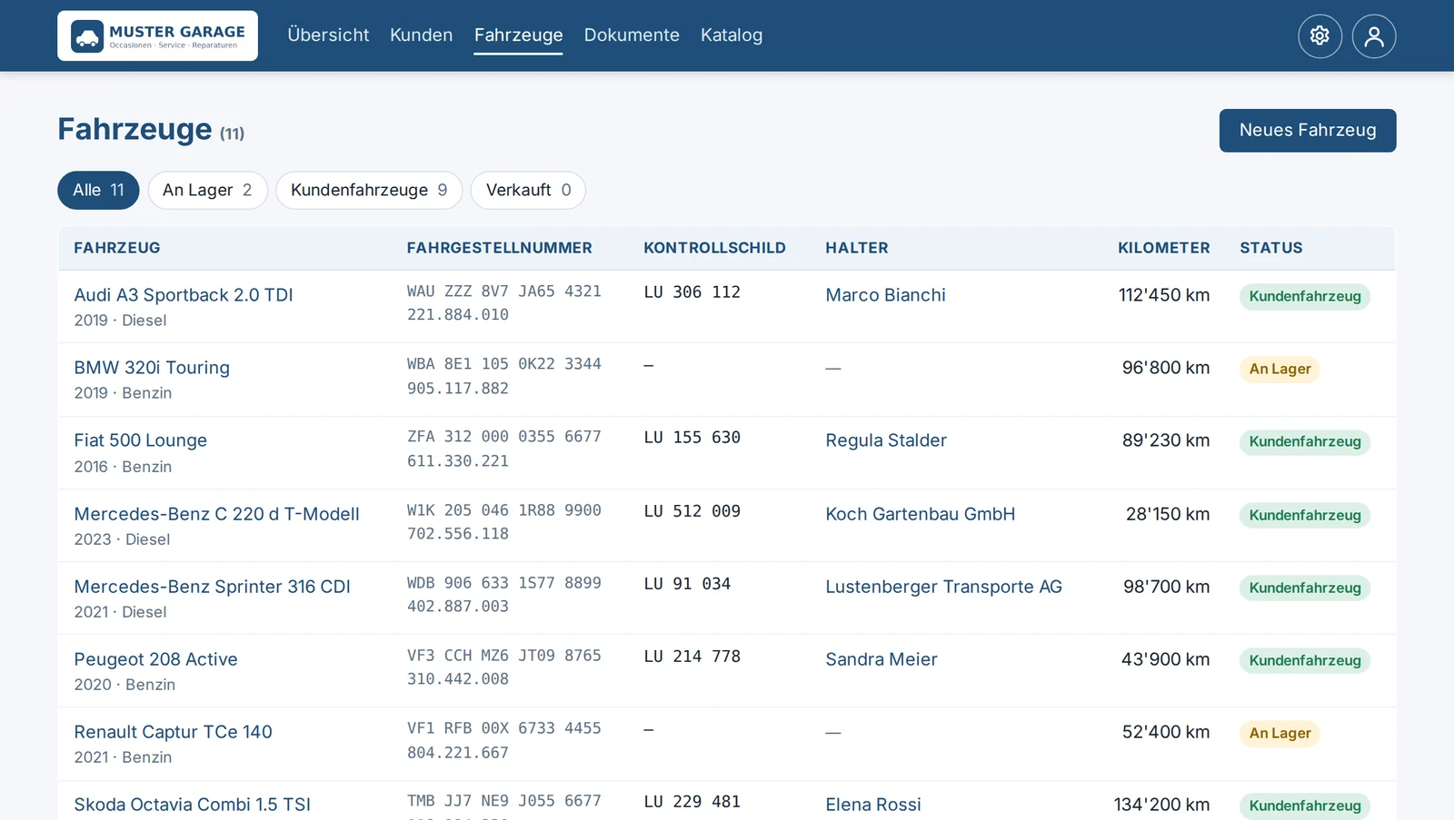 Fahrzeugliste in AUTRX mit Filtern und Status