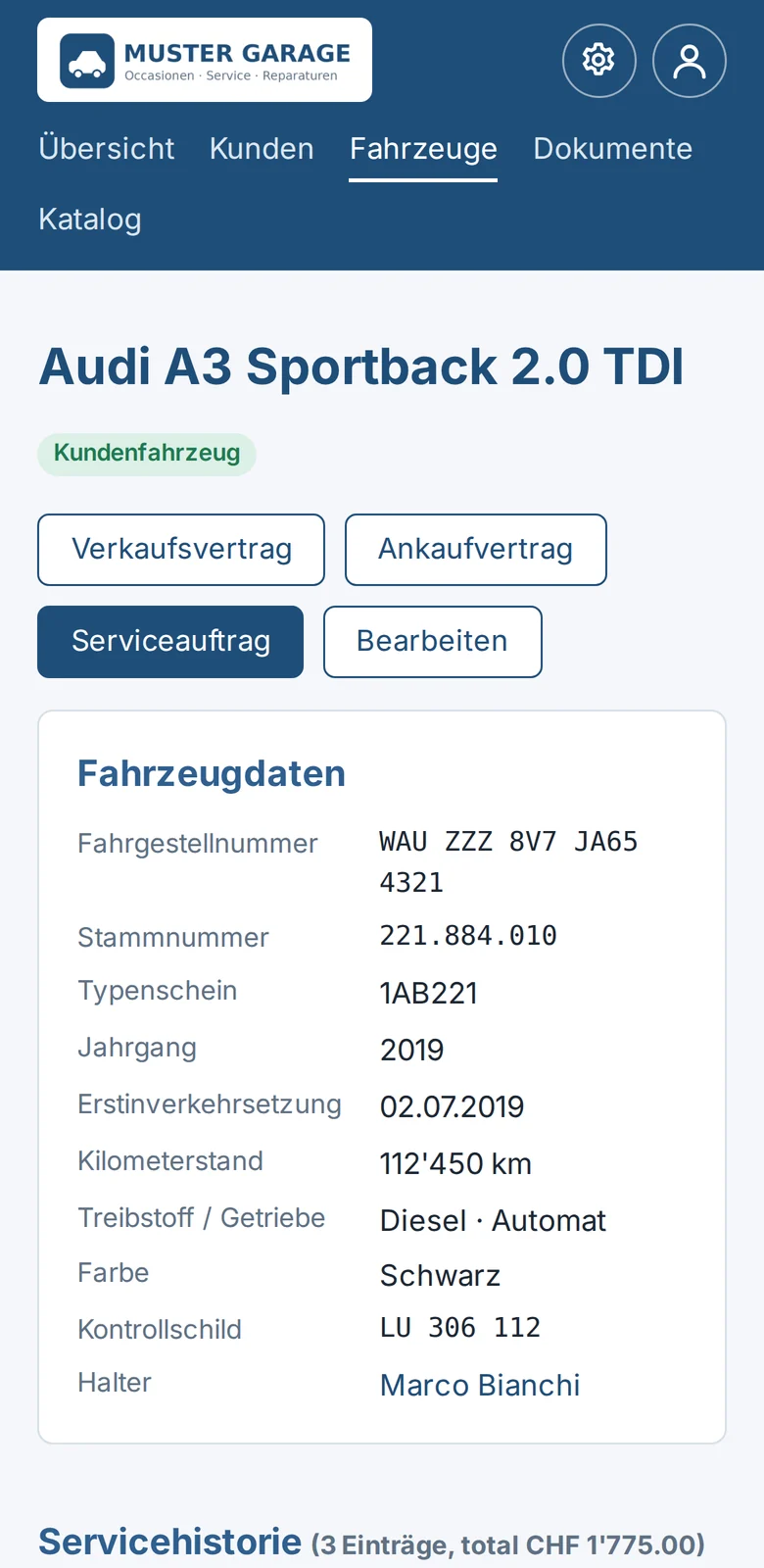 AUTRX auf dem Handy: Fahrzeugdaten eines Kundenfahrzeugs